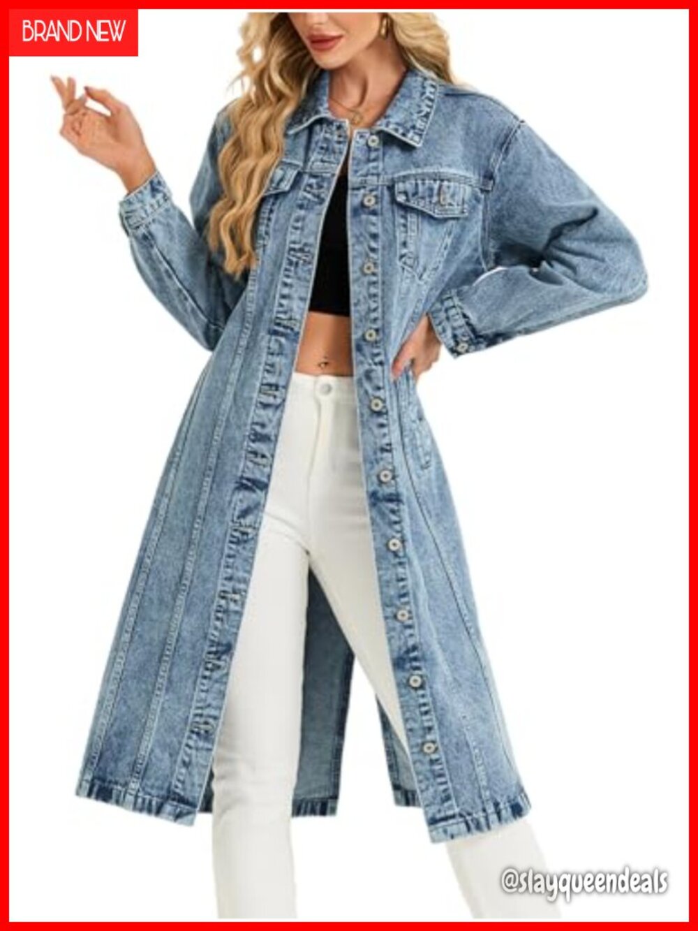 LifeShe Denim Midi Trench Coat Long Jean Jacket with Pockets